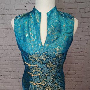 Dragon Brocade Turquoise & Gold Vietnamese Blouse Medium